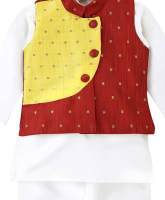 White Woven Art Silk Boys Kurta Pyjama 5