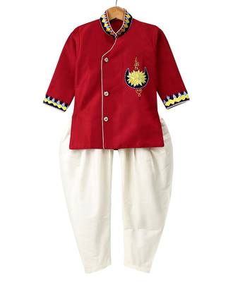 Red Embroidered Art Silk Boys Kurta Pyjama 1
