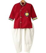 Red Embroidered Art Silk Boys Kurta Pyjama