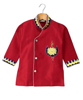 Red Embroidered Art Silk Boys Kurta Pyjama 2