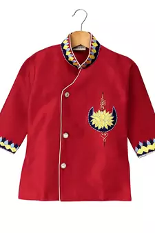 Red Embroidered Art Silk Boys Kurta Pyjama