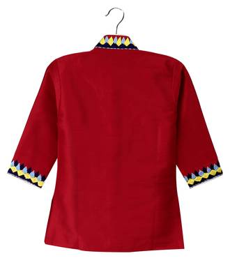 Red Embroidered Art Silk Boys Kurta Pyjama 3