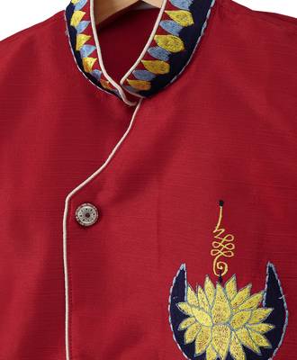 Red Embroidered Art Silk Boys Kurta Pyjama 4