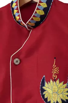Red Embroidered Art Silk Boys Kurta Pyjama