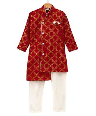 Red Woven Brocade Boys Kurta Pyjama 1