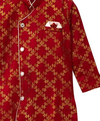Red Woven Brocade Boys Kurta Pyjama 5