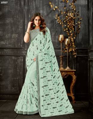 Green Embroidered Tissue Saree With Blouse 1