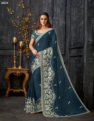 Green Embroidered Tissue Saree With Blouse 1