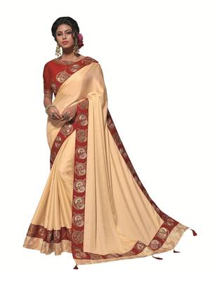 Cream Embroidered Satin Saree With Blouse 1