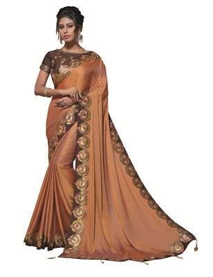 Brown Embroidered Satin Saree With Blouse 1
