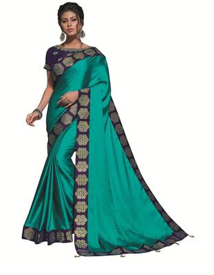 Teal Embroidered Satin Saree With Blouse 1