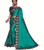 Teal Embroidered Satin Saree With Blouse