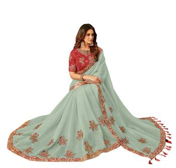Green Embroidered Tissue Saree With Blouse 1