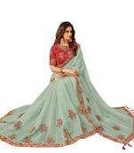 Green Embroidered Tissue Saree With Blouse