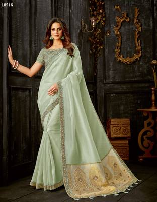 Green Embroidered Tissue Saree With Blouse 1