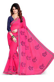 Pink embroidered chiffon saree with blouse