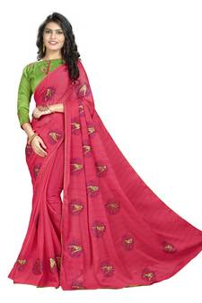 Red embroidered chiffon saree with blouse