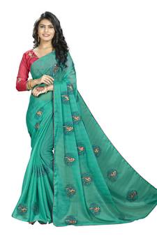 Turquoise embroidered chiffon saree with blouse