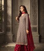 Maroon embroidered faux georgette kameez  with palazzo