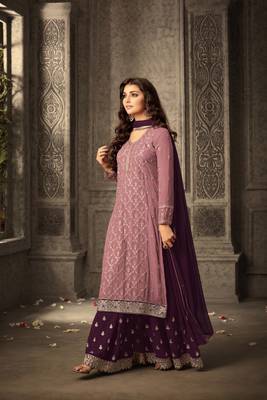 Purple embroidered faux georgette kameez with sharara 1