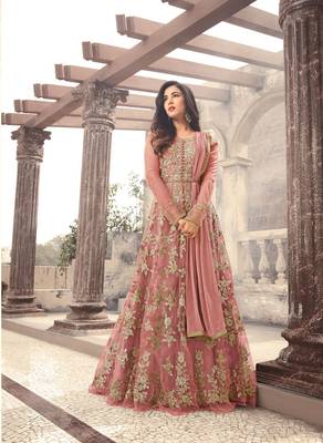 Baby pink colour  embroidered net Anarkali with dupatta 1