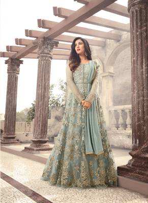 Light blue  embroidered net Anarkali with dupatta 1