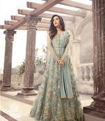 Light blue  embroidered net Anarkali with dupatta