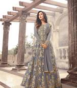 Grey embroidered net anarkali with dupatta