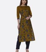 Mustard printed viscose kurtas-and-kurtis