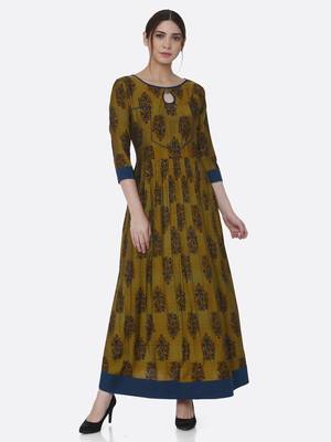 Yellow printed viscose kurtas-and-kurtis 1