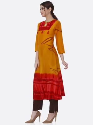 Yellow printed rayon kurtas-and-kurtis 3