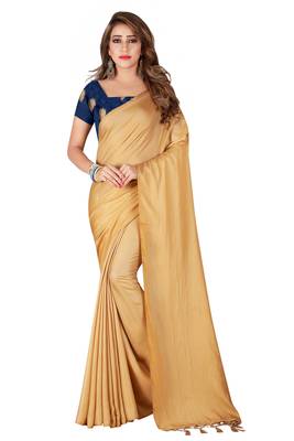 Beige plain crepe saree with blouse 1