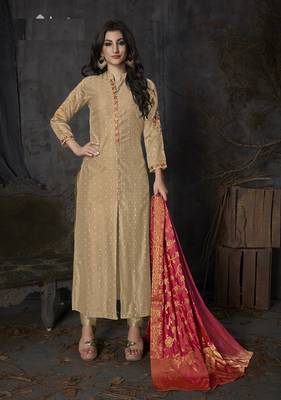 Beige resham embroidery banarasi silk salwar with dupatta 1