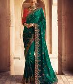 Dark Green Embroidered Silk Saree With Blouse