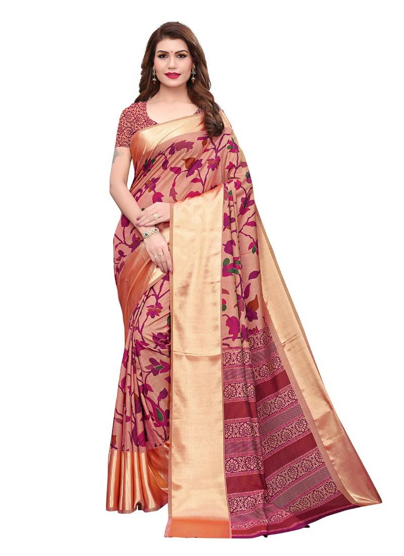 Women's Silk Blend Mauve Printed Designer Saree With Blouse Piece