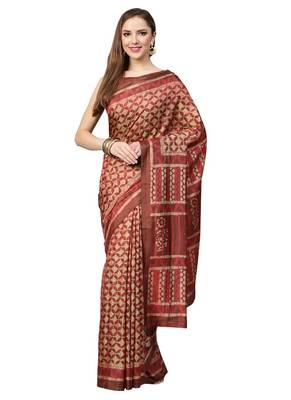 Brown and beige printed saree dhakai silk saree with blouse 1