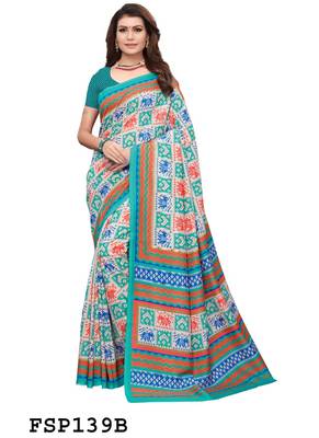 Teal green and cream checkered fancy silk saree with blouse 1