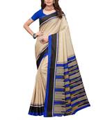 Beige and blue solid fancy silk saree with blouse