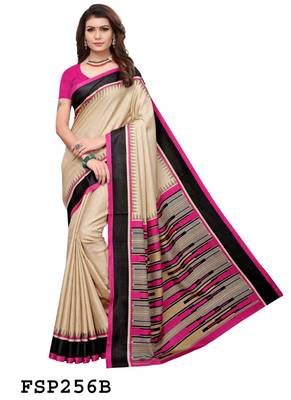 Beige and magenta solid fancy silk saree with blouse 1