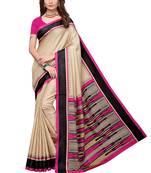 Beige and magenta solid fancy silk saree with blouse