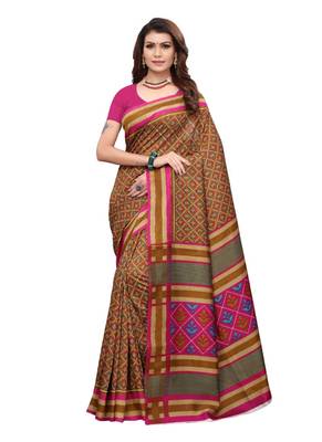 Beige polka dot art silk saree with blouse 1