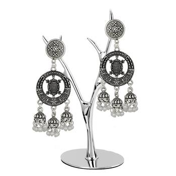 Piah Round  Inward Tortoise Three Jumkhi White Beads Oxidised Earring For Women 2