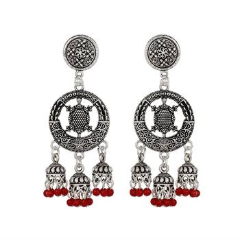 Piah Round  Inward Tortoise Three Jumkhi Red Beads Oxidised Earring For Women 1