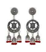 Piah Round  Inward Tortoise Three Jumkhi Red Beads Oxidised Earring For Women