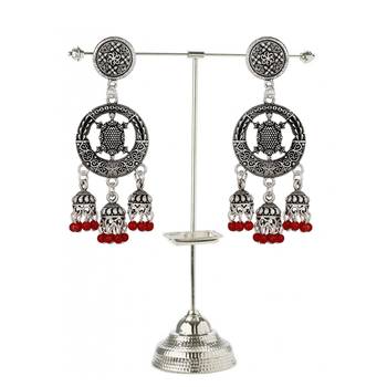 Piah Round  Inward Tortoise Three Jumkhi Red Beads Oxidised Earring For Women 2