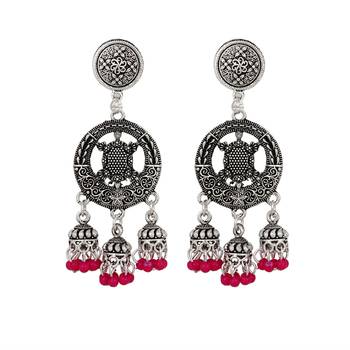 Piah Round  Inward Tortoise Three Jumkhi Pink Beads Oxidised Earring For Women 1