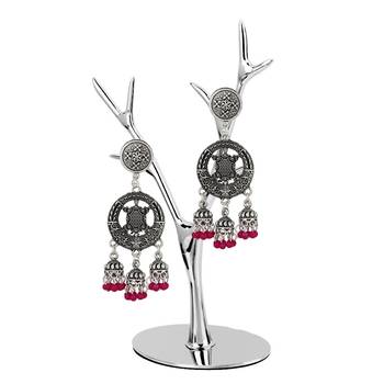 Piah Round  Inward Tortoise Three Jumkhi Pink Beads Oxidised Earring For Women 2