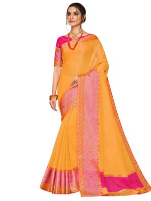 Yellow woven art silk saree with blouse 1