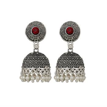 Piah Beautiful Oxidised Red Stone Silver Plated Jhumka Earrings Brass Jhumki Earring 1