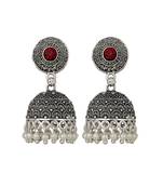 Piah Beautiful Oxidised Red Stone Silver Plated Jhumka Earrings Brass Jhumki Earring